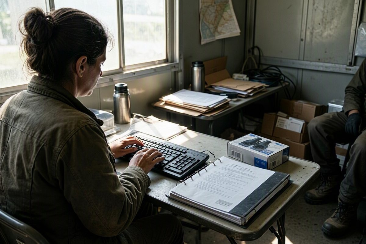 Mid-shot in harsh noon light inside a cramped portable site cabin, a woman seen from behind typing at a folding desk, a thick ring-bound report lying beside a.