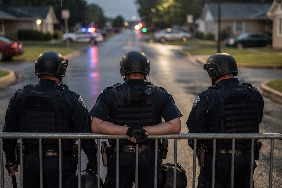 A row of heavily armoured police officers shot from behind, their shoulders slumped as they lean against a metal barricade in the rain, staring down an empty.