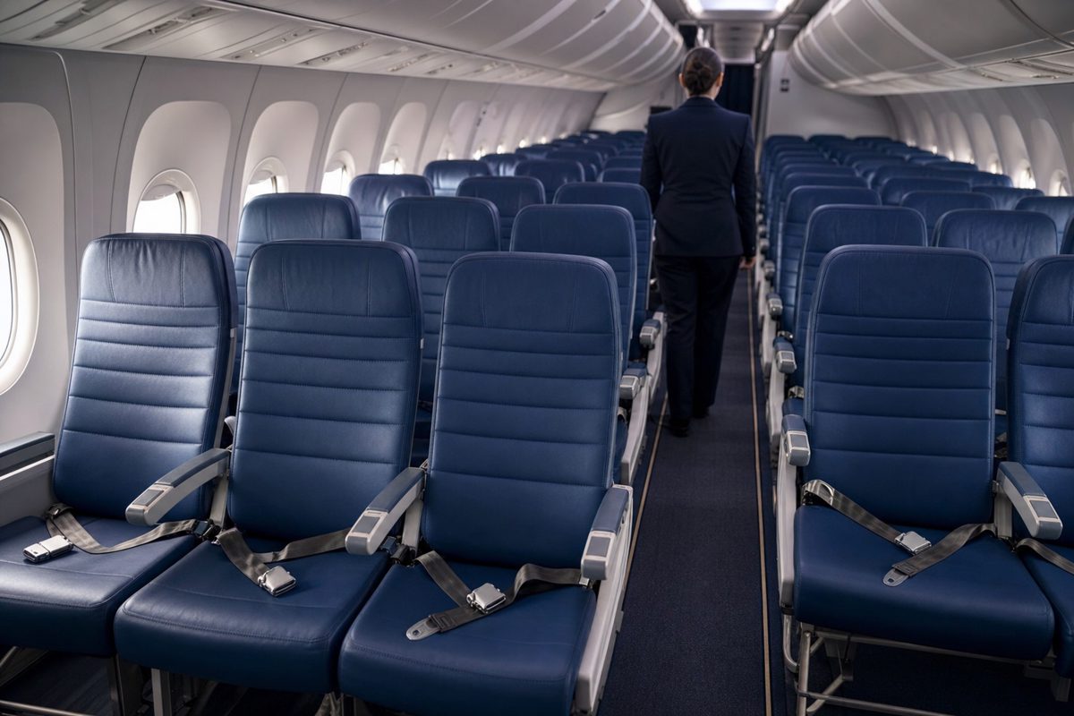 Realistic press photograph of an empty commercial aircraft cabin at the gate, seatbelts lying across blue passenger seats, one crew member seen from behind.