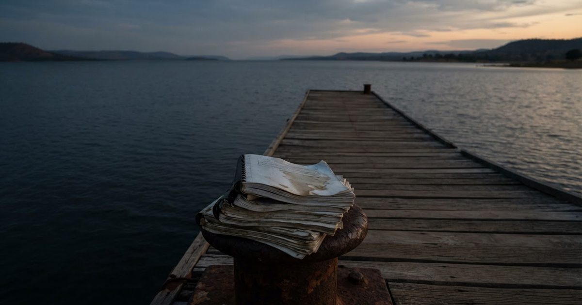 A wide, somber shot of an empty wooden dock stretching out into a calm, vast lake at dusk, with a stack of heavily weathered, unread official safety manuals.