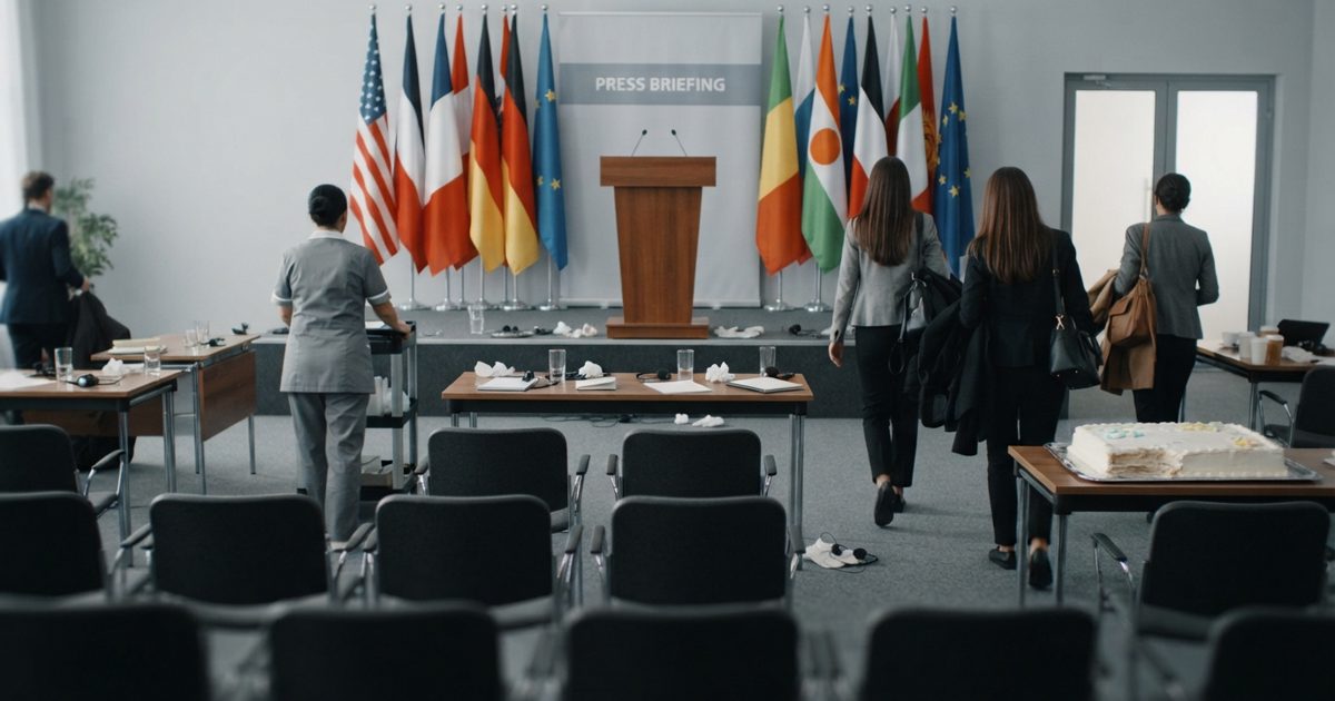 A wide shot of an empty multinational press briefing room after a statement, flags of several countries standing in a tight row behind an unoccupied podium.