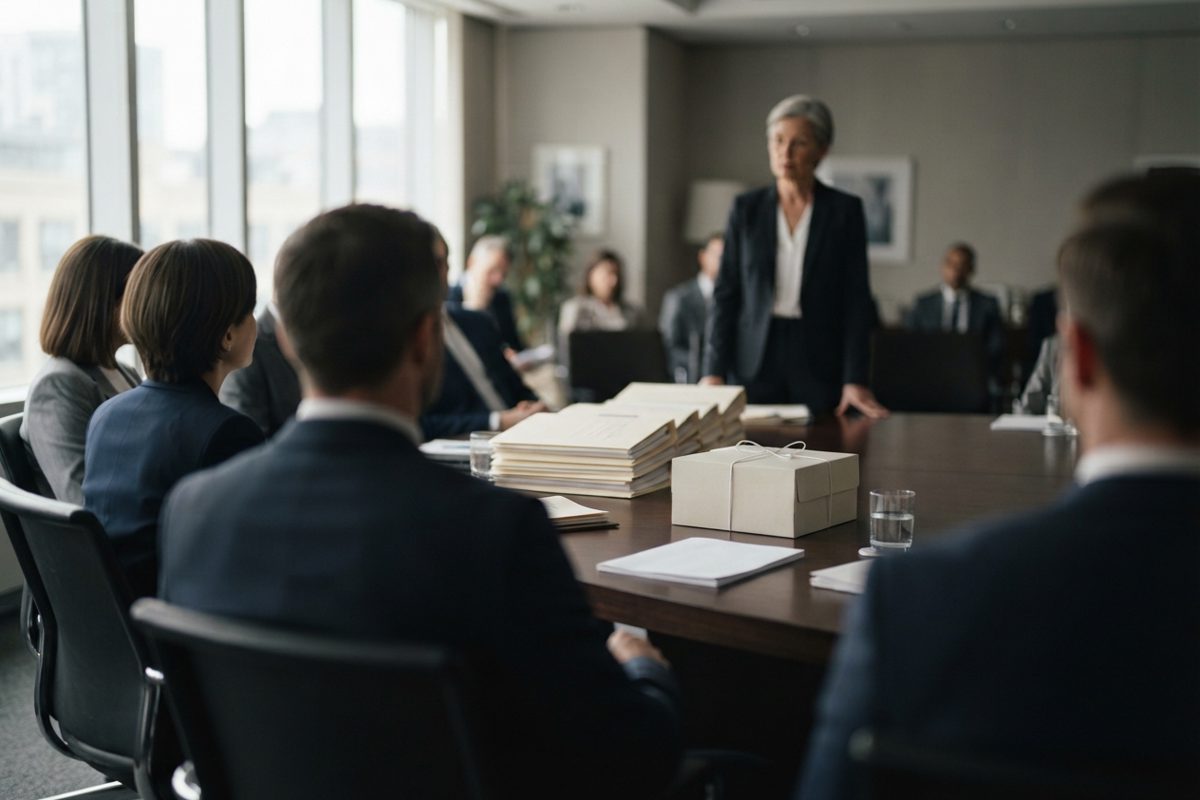 A long polished conference table seen from behind a row of anonymous suited shoulders, stacks of cream-coloured briefing packs and a single unmarked cake box.