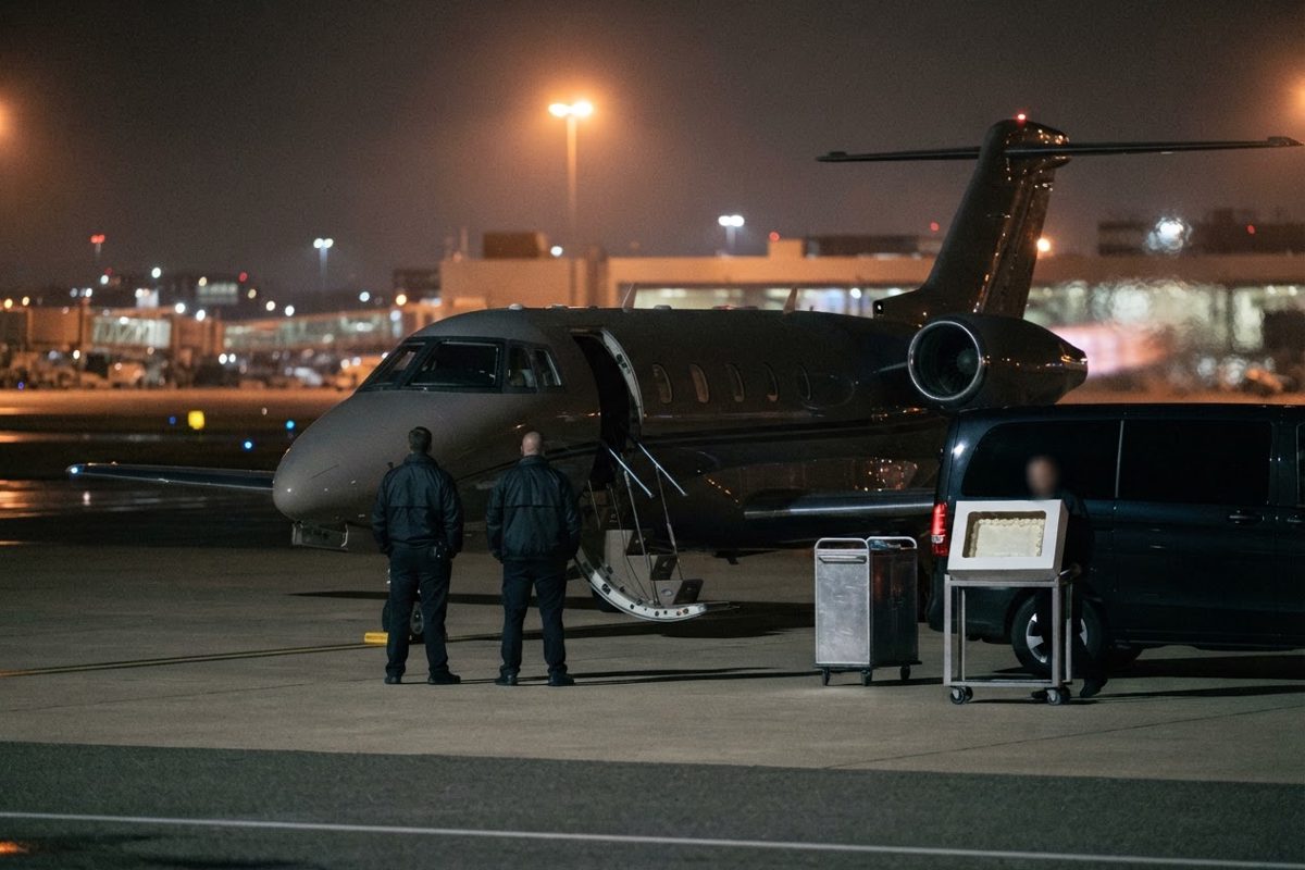 A nighttime airport apron photographed from a distance: a dark van parked beside a small jet, two figures in anonymous windbreakers facing away from camera.