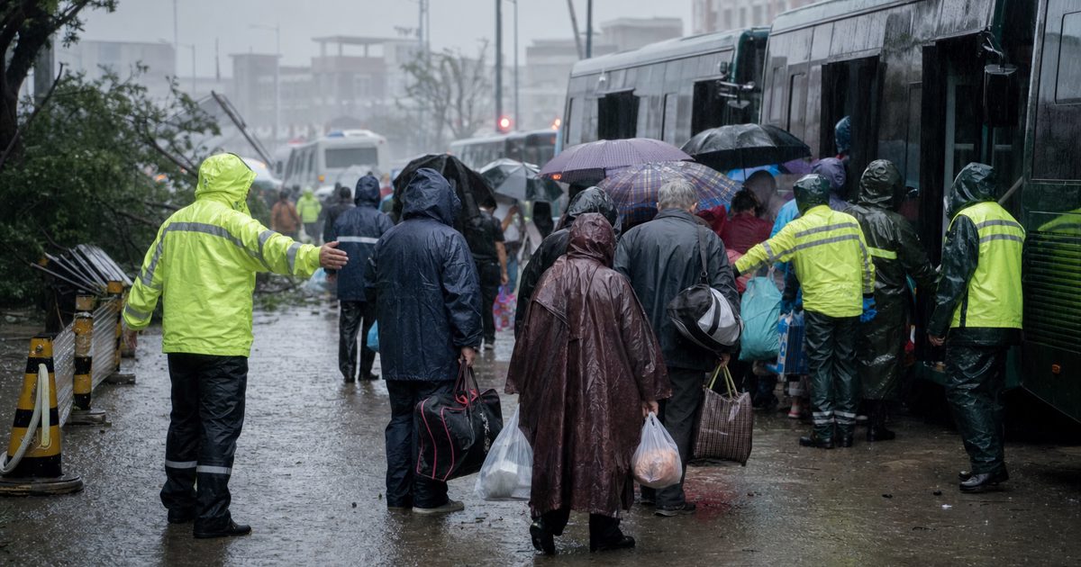 Wide news photograph of emergency workers in rain gear guiding evacuees carrying small bags toward buses on a wet street in an eastern Chinese coastal city.