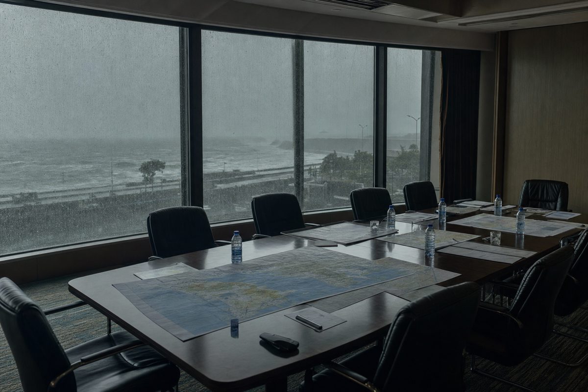 Documentary photograph of an empty municipal conference room during severe weather, long table with maps, bottled water and unoccupied chairs, rain streaking.