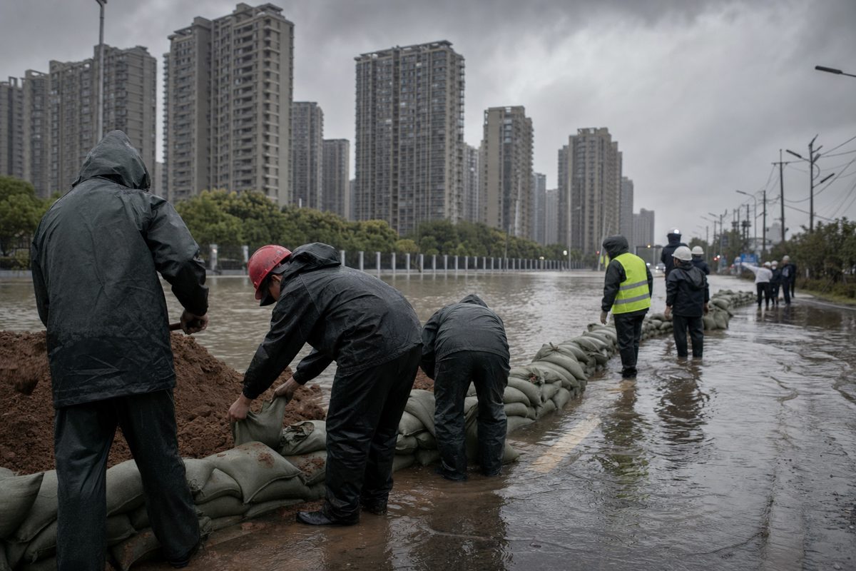 News photograph of flood-response crews placing sandbags beside a waterlogged urban road under grey storm clouds, modern apartment blocks in the background.
