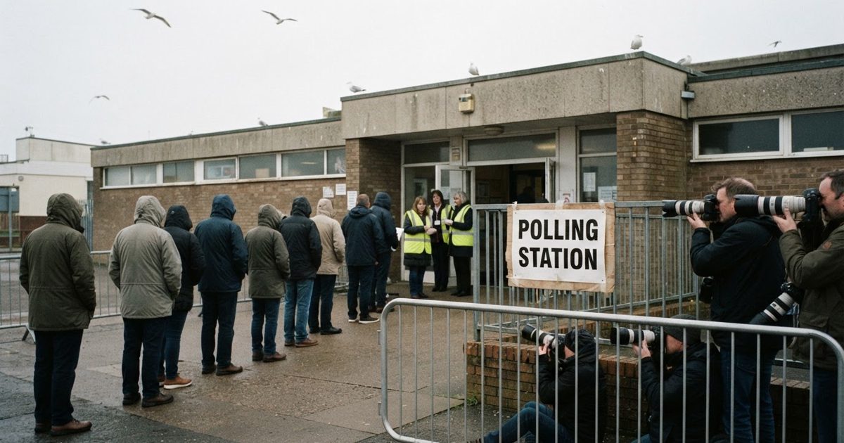 A grey British seaside town polling station outside a leisure centre, hand-painted 'Polling Station' sign strapped to a railing, overcast sky, a queue of.