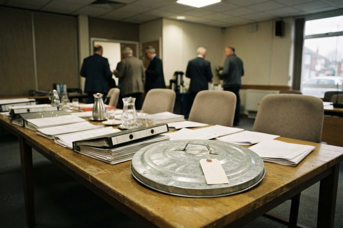 A long wooden tribunal table in a municipal hall under fluorescent lighting, stacks of ring binders and loose papers, three empty chairs pushed back.