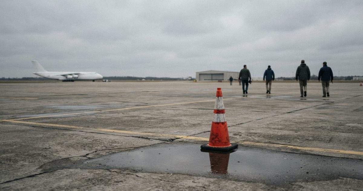 A wide, atmospheric shot of an empty, slightly wet airport tarmac under a dull grey overcast sky. In the foreground, a single, abandoned traffic cone sits near.