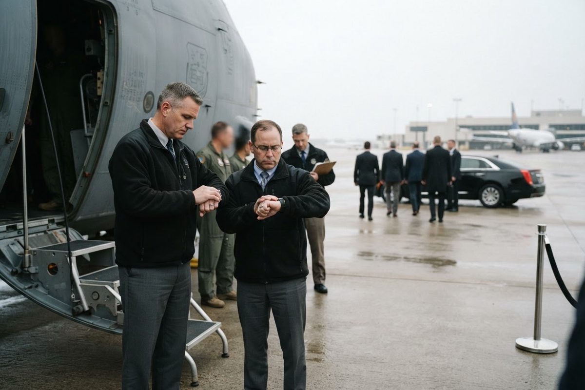 Two anonymous government officials in sensible, uninspiring fleece jackets standing near the open door of a transport plane. They are checking their.
