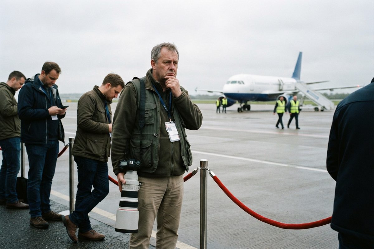 A frustrated photographer standing behind a velvet rope on a tarmac, holding a massive telephoto lens at his side. He is staring blankly into the middle.