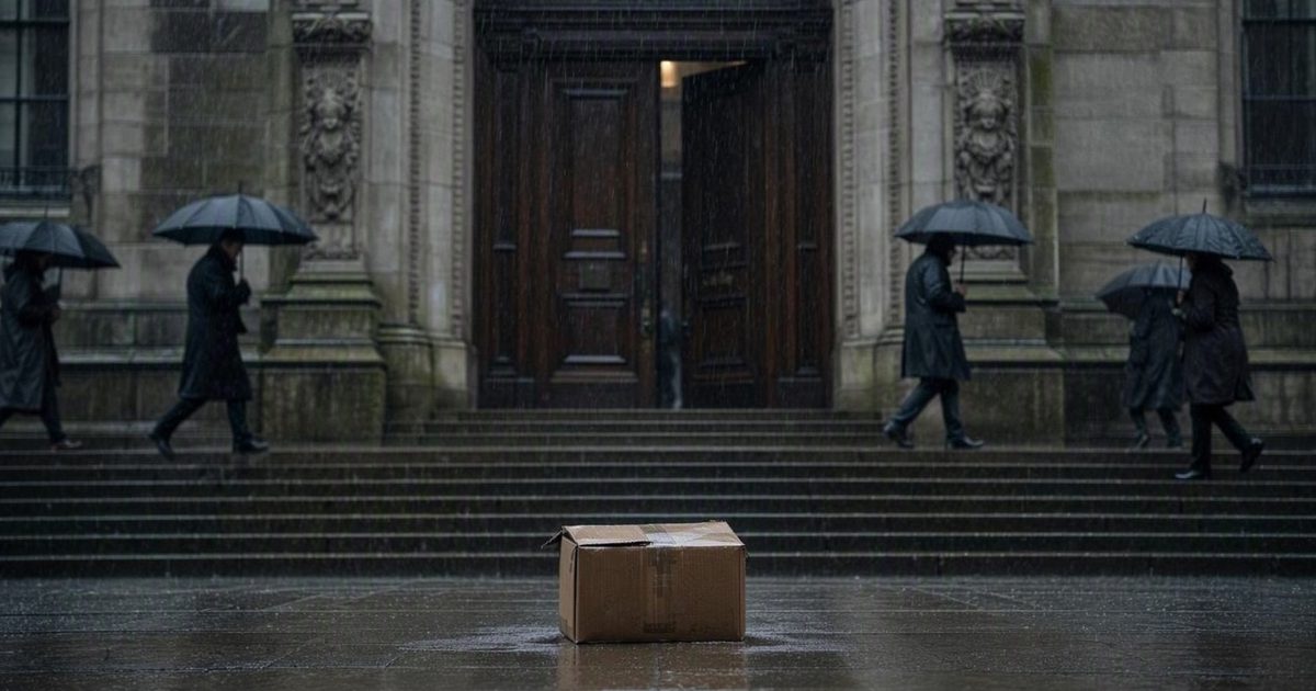 Wide shot in heavy morning rain of a grand stone university entrance, a single damp cardboard box sitting abandoned on the wide granite steps while figures in.
