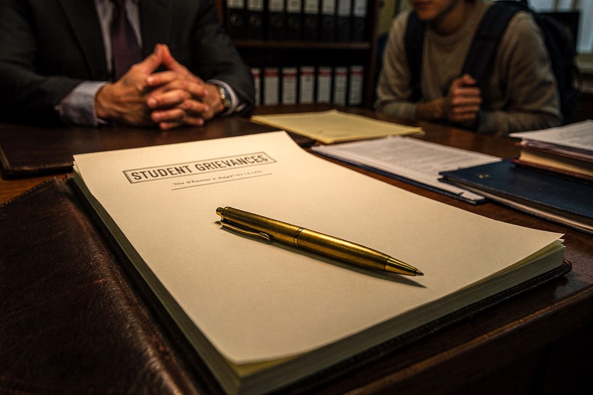 Close detail shot under harsh desk-lamp light of a thick leather-bound legal pad, a heavy brass pen resting across a blank page beneath a stamped header.