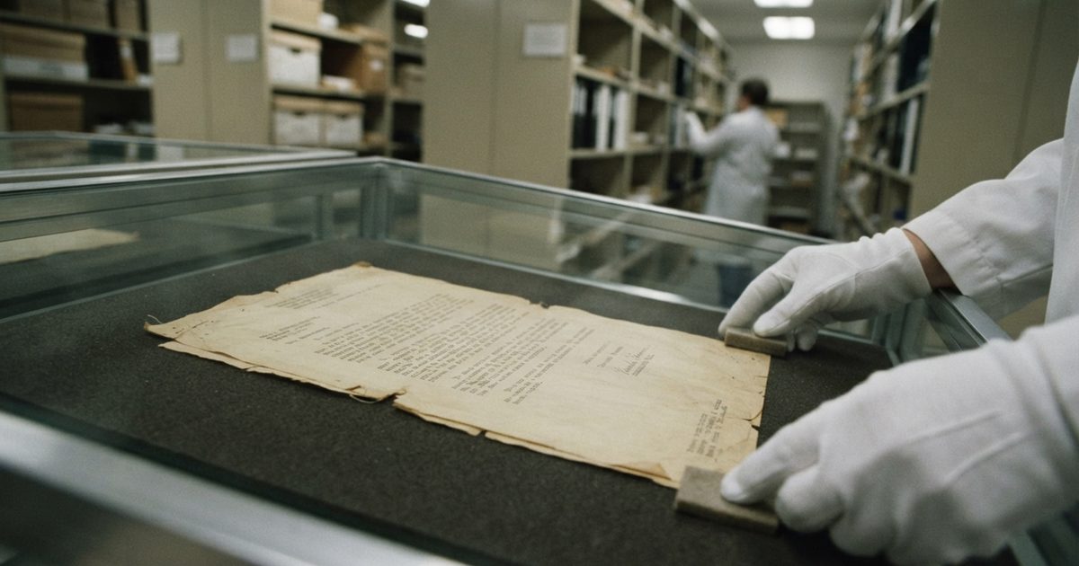 A fragile, yellowed sheet of foolscap paper with worn edges and faded typewritten text lying under a glass archival case, lit by cold fluorescent light in an.