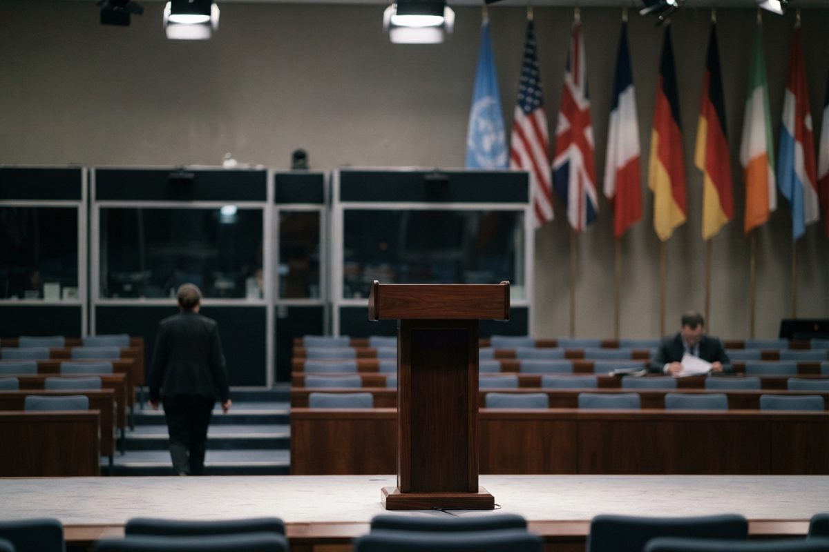 A large international press briefing room with an empty wooden lectern, rows of translation booths behind glass, national flags in soft focus, and mostly.