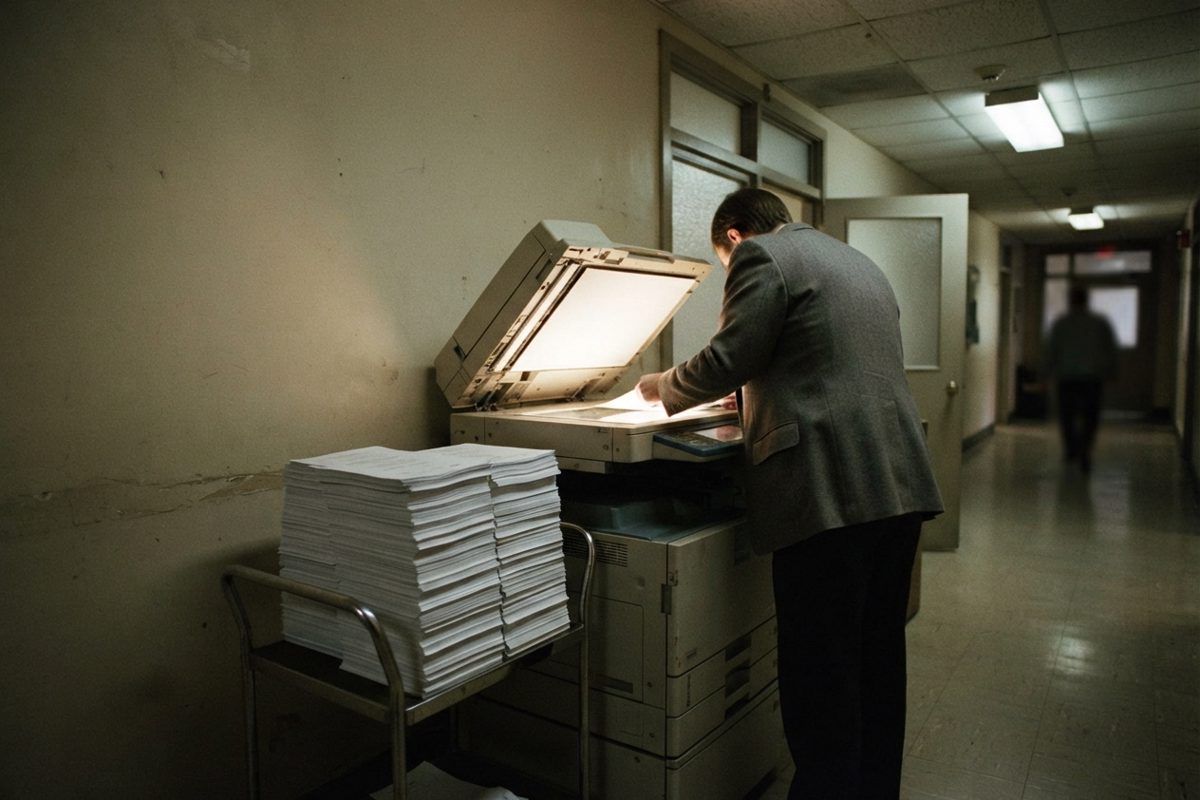 An aging photocopier in a dim government corridor, its lid open and glowing, beside a tall stack of identical documents on a metal trolley, long shadows.