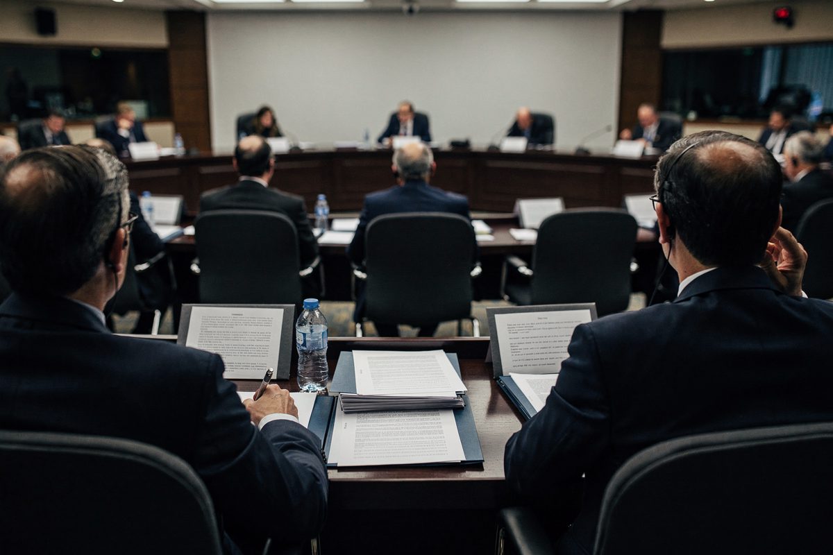 Wide shot from the back of a hushed multilateral meeting room in mid-afternoon, rows of partly cropped delegates in dark suits facing away, identical paper.