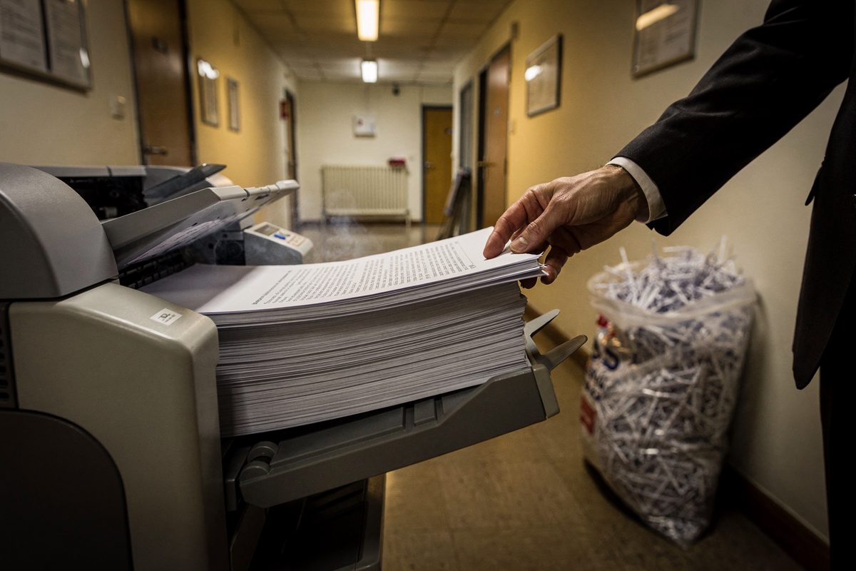 Night-time detail of an office printer tray in a ministry corridor, warm overhead strip light, a hand lifting a still-warm stack of duplicate statements while.