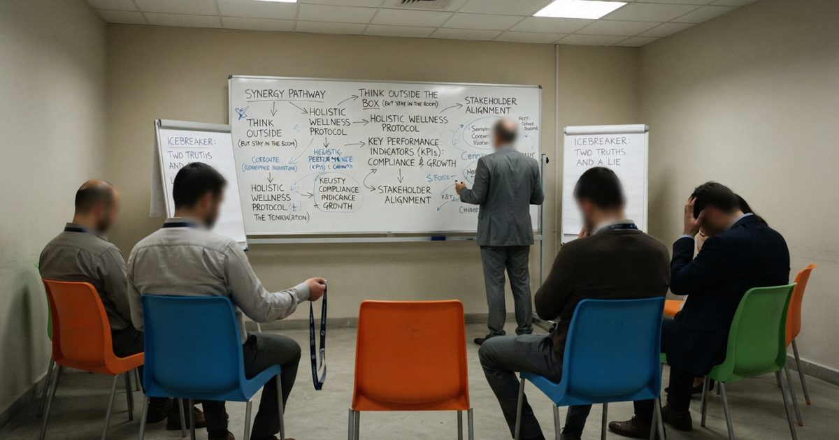 A stark, sterile room featuring a white board covered in convoluted corporate jargon and flowcharts, with a semi-circle of brightly coloured, highly.