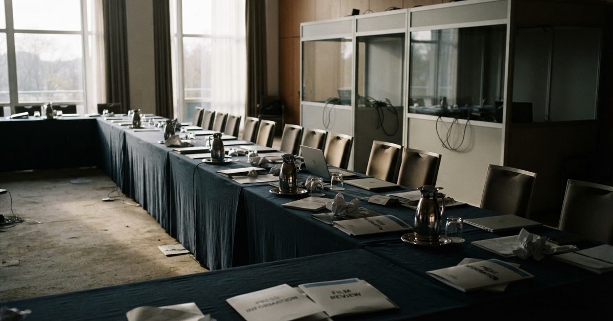 A wide shot of an empty rented European ballroom set up as a conference hall: a long table with water carafes, closed laptops and scattered film press kits.