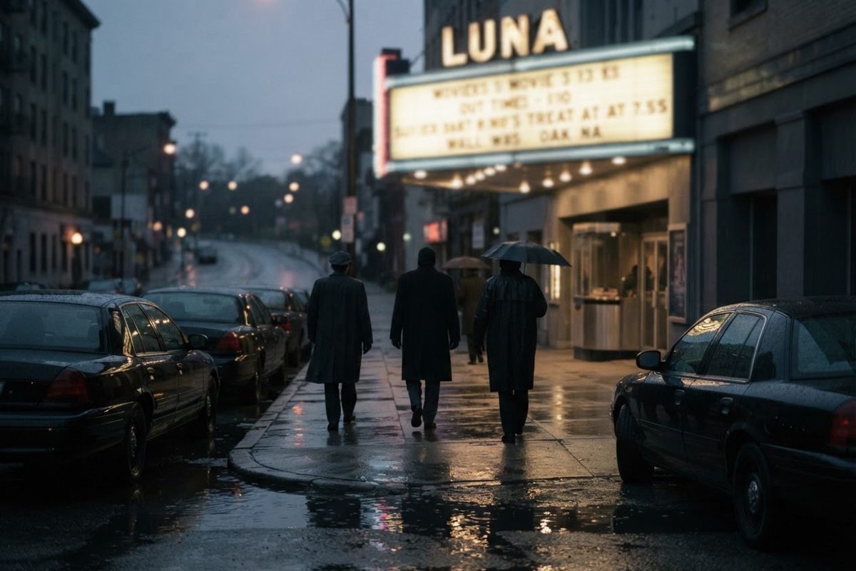 Night exterior of a modest European cinema, black official cars parked at the curb, a few anonymous figures seen only from behind approaching the entrance.