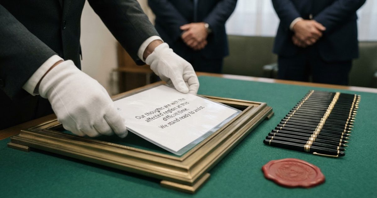 Close-up in a fluorescent-lit Geneva office of gloved hands feeding a single laminated document into a heavy brass display frame on green baize, a wax seal and.