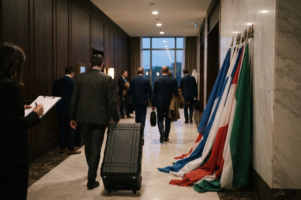 Wide shot down a hotel conference corridor at dusk, part-cropped delegates in dark suits wheeling flight cases past stacked national flags leaning unfurled.