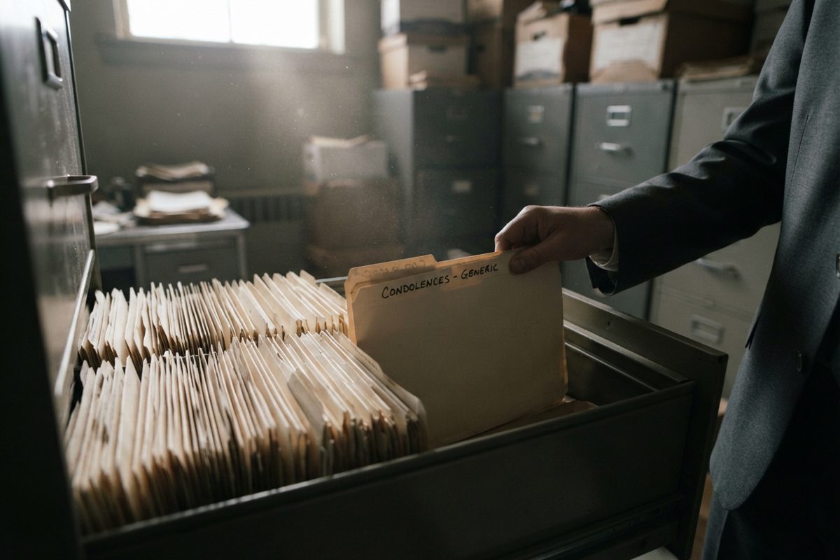 Detail shot in a dim archive room of an open filing cabinet drawer crammed with identical cream folders, one folder pulled halfway out by an unseen hand, dust.