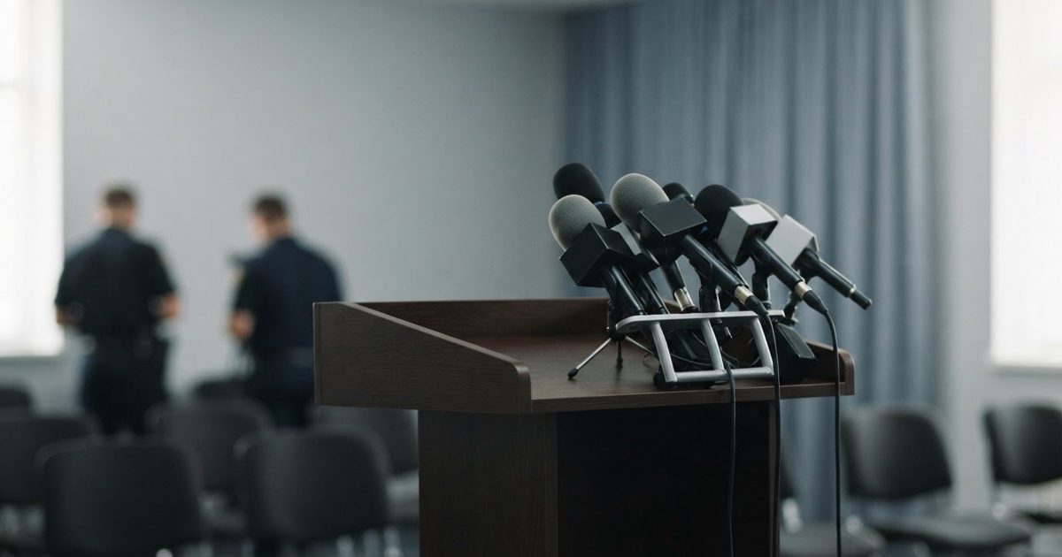 A sober editorial photograph of an empty police press-briefing lectern with several microphones, neutral institutional backdrop, soft natural light, no visible.