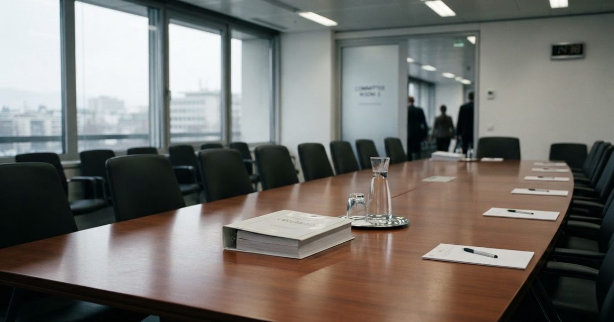 Empty chairs around a massive, polished mahogany conference table in a sterile, brightly lit Geneva boardroom. A single thick binder titled 'URGENT STRATEGY'.