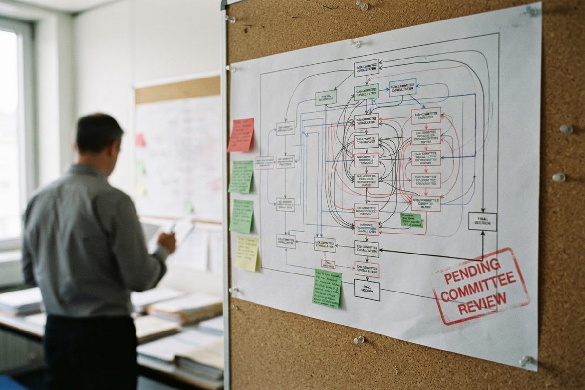 A close-up of a highly complex, colour-coded bureaucratic flowchart pinned to a corkboard. The chart features dozens of intersecting arrows, with a large red.