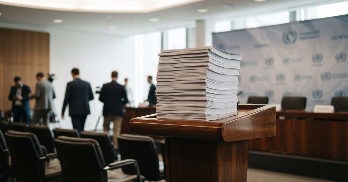 A brightly lit, modern press briefing room in Geneva. A massive, thick stack of bound paper documents sits alone on a highly polished wooden podium, surrounded.