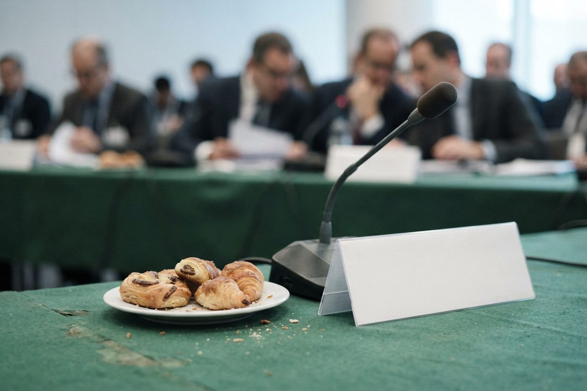 A close-up shot of a plate of slightly stale pastries resting next to a gooseneck microphone and a blank diplomatic nameplate on a green baize table. The.