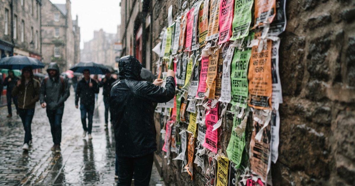 A dismal, rain-swept street corner in Edinburgh during a festival, cluttered with soggy, neon-coloured comedy show flyers stuck to an ancient stone wall.