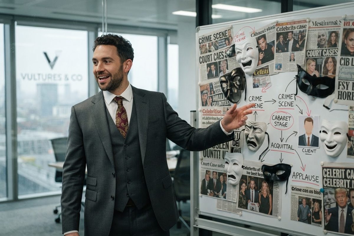 A slick, sharply dressed PR executive in a modern London office, pointing enthusiastically at a chaotic whiteboard covered in theatrical masks and newspaper.