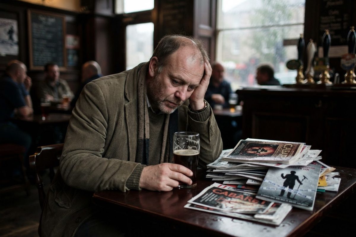 A weary, middle-aged theatre critic sitting alone in a dimly lit, traditional British pub, staring despairingly into a pint of beer with a stack of wet theatre.