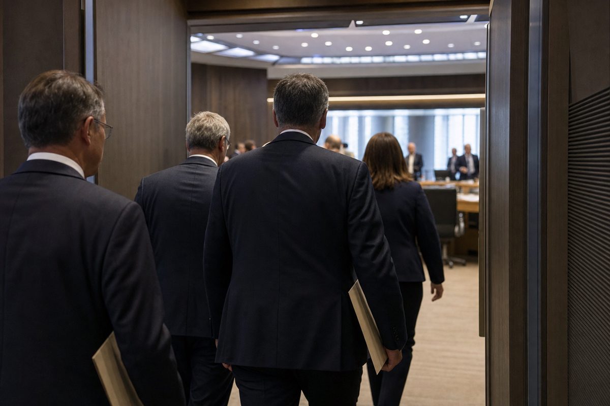 News photograph of unnamed diplomats seen from behind entering a modern government briefing room, carrying plain folders beneath subdued corridor lighting, no.