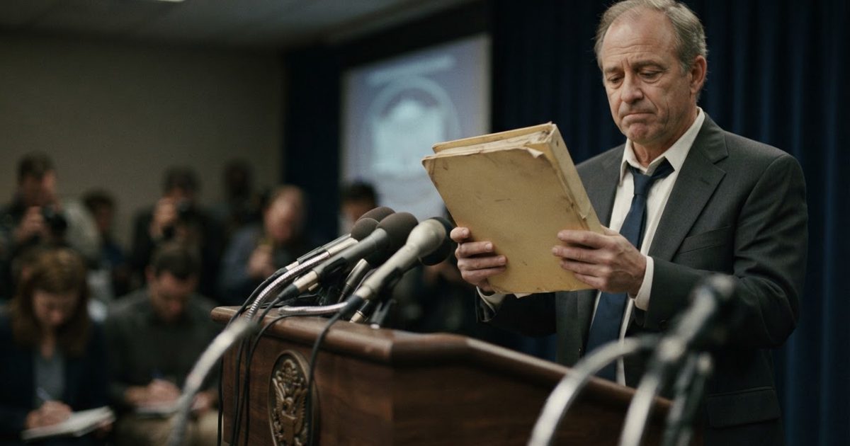 A weary-looking press secretary standing at a wooden podium in a dimly lit briefing room, holding up a thick, dusty binder with a plain cover, surrounded by.