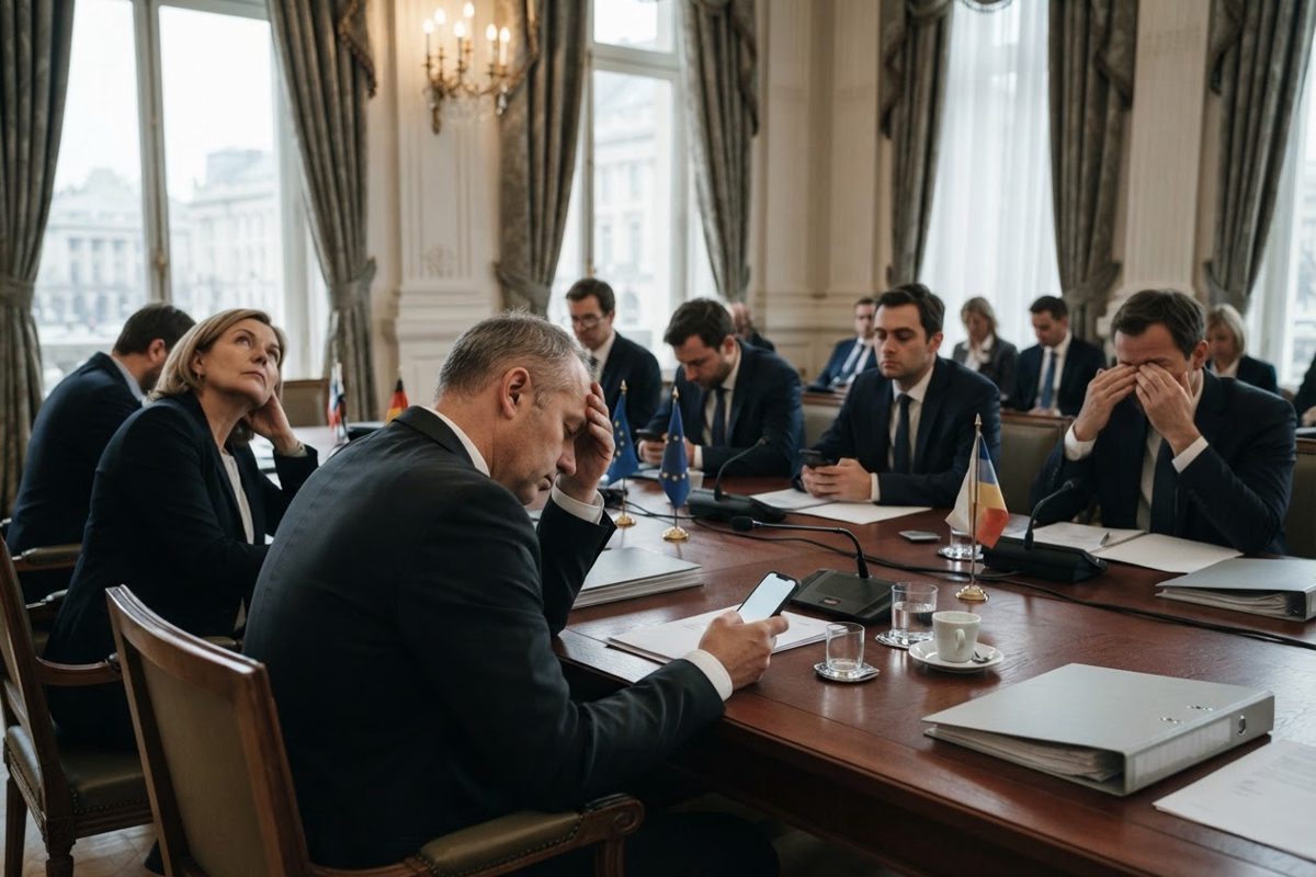 A group of diplomats in dark suits sitting around a massive mahogany conference table in a lavish, ornate European room, all of them staring blankly at their.