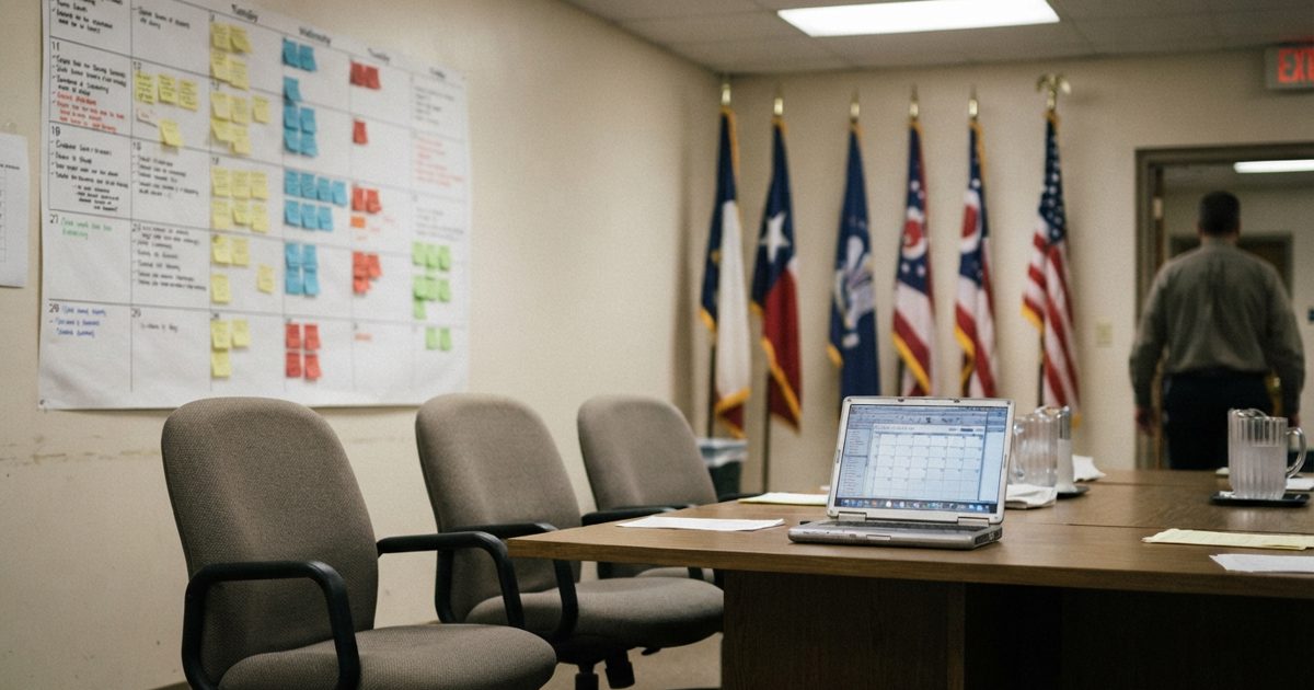 A drab government meeting room in an American state administrative building, fluorescent lighting, three empty chairs behind a long table with state flags of.