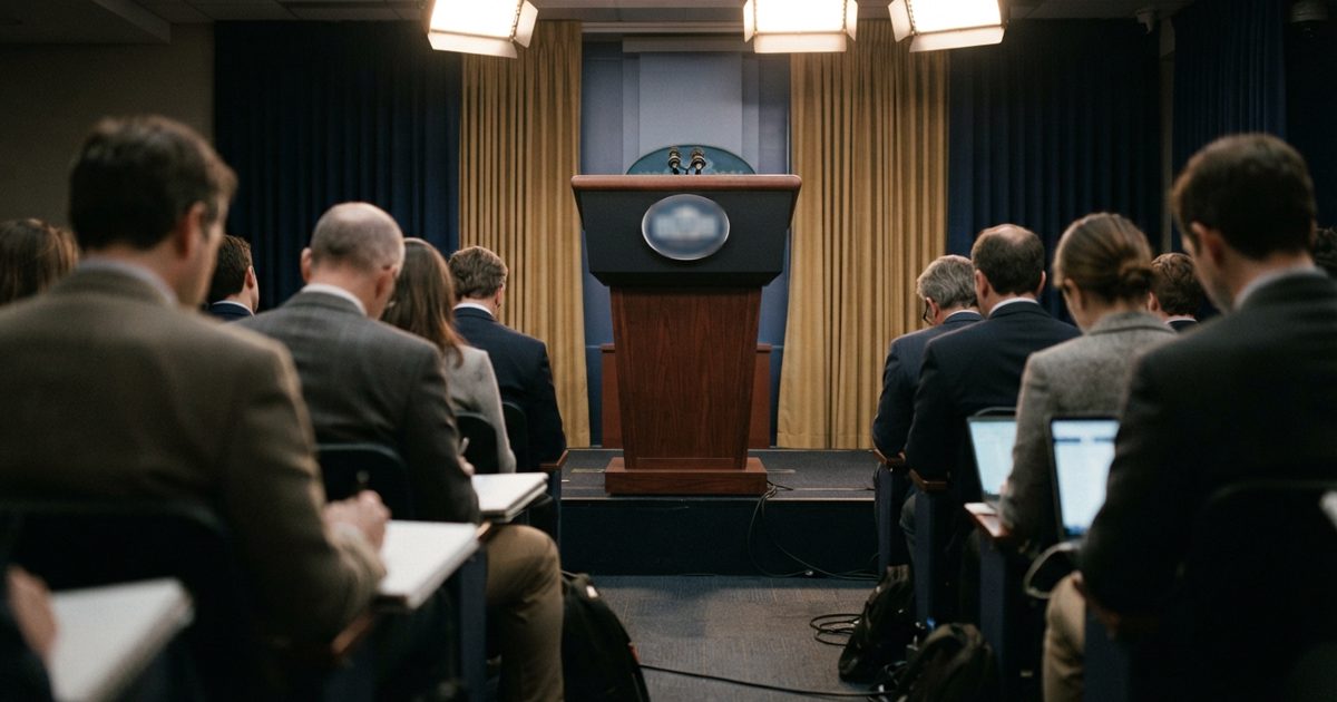 Editorial news photograph inside a grand government briefing room, an empty lectern beneath bright press lights, rows of seated reporters seen from behind.