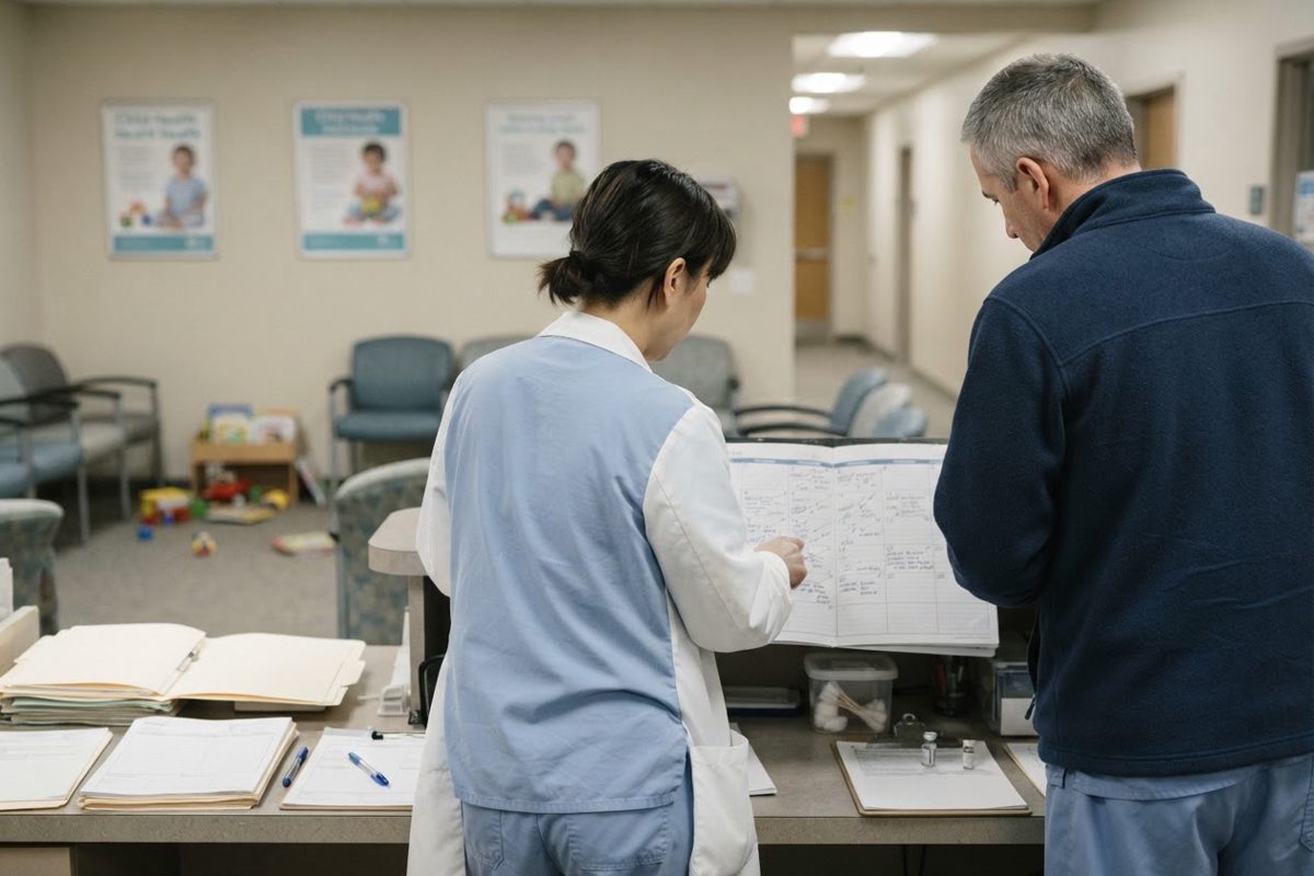 Documentary news photograph in a quiet pediatric clinic waiting area, generic medical furniture and vaccination supplies on a counter, clinicians seen from.