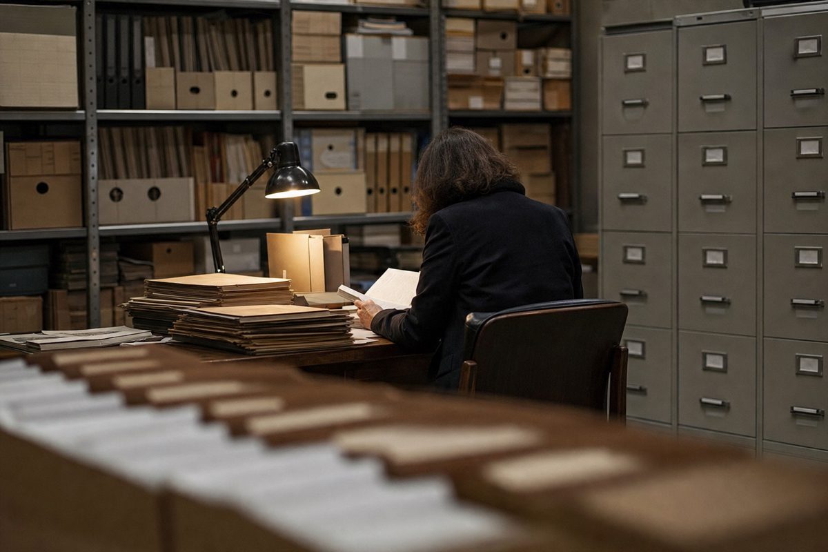 European institutional records room with metal filing cabinets, archive boxes and a single desk lamp, an anonymous civil servant seen from behind reviewing.