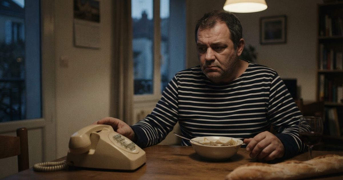 A deeply miserable middle-aged man in a striped shirt sitting at a dining table, staring blankly at an old-fashioned landline telephone that is not ringing. A.