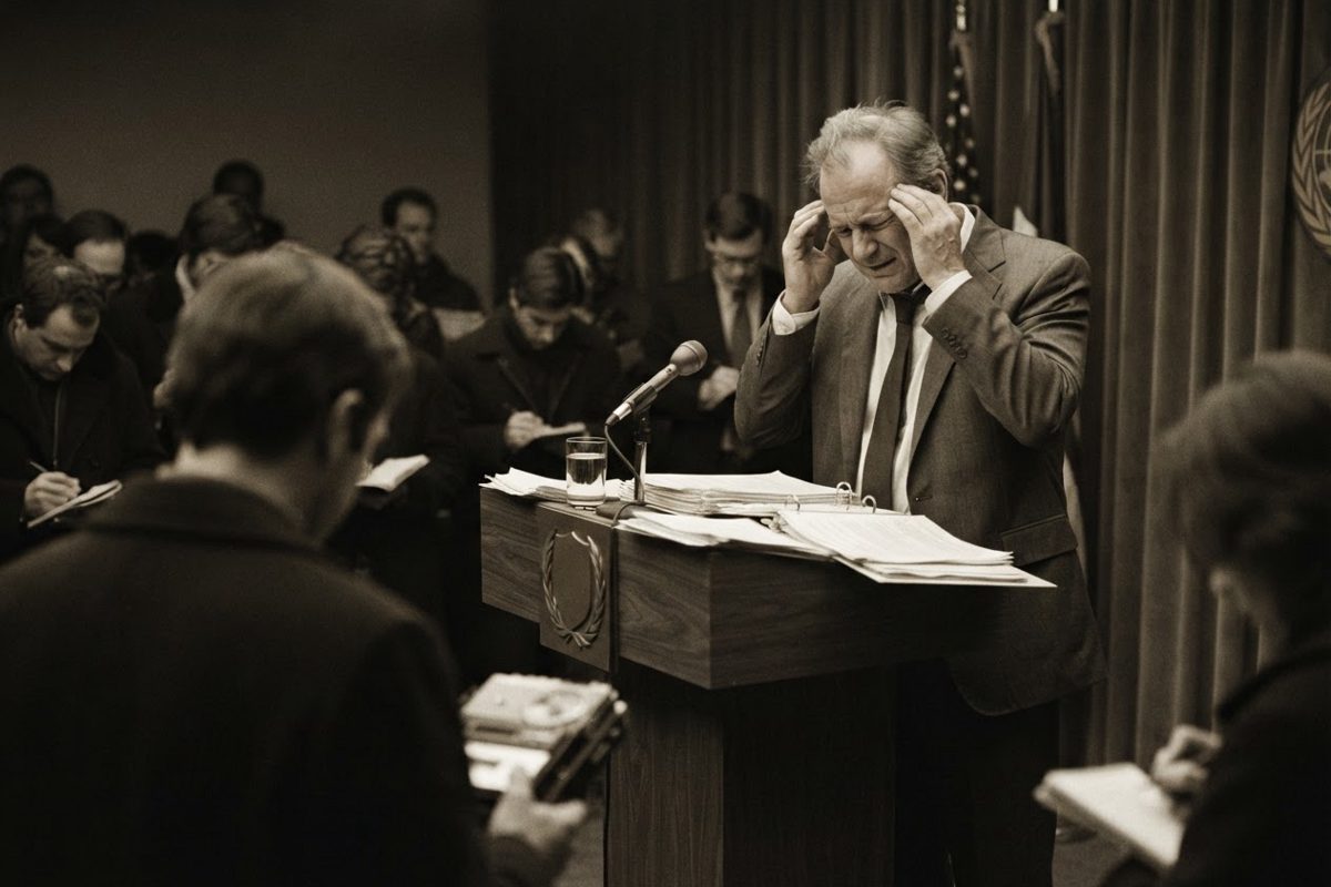 A frustrated government bureaucrat standing at a podium in a dimly lit press briefing room, dramatically rubbing his temples. He is surrounded by stacks of.