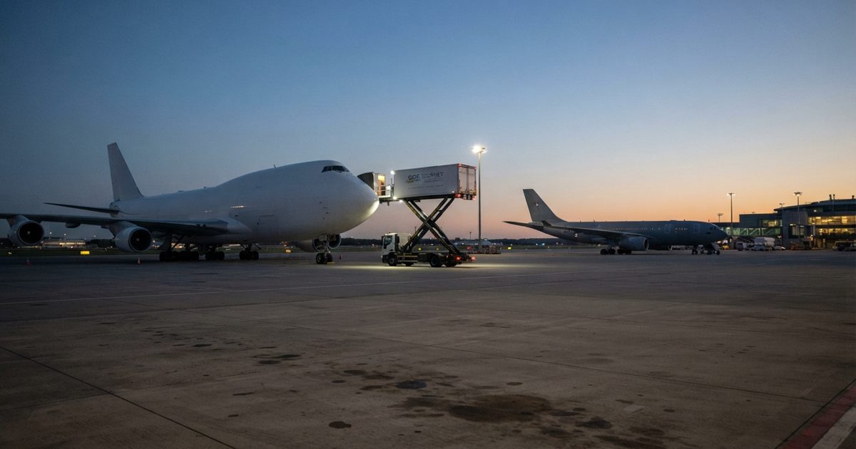 Wide shot of an empty airport apron at dusk with a large jumbo jet and a smaller military aircraft parked at distance, a solitary catering truck with elevated.