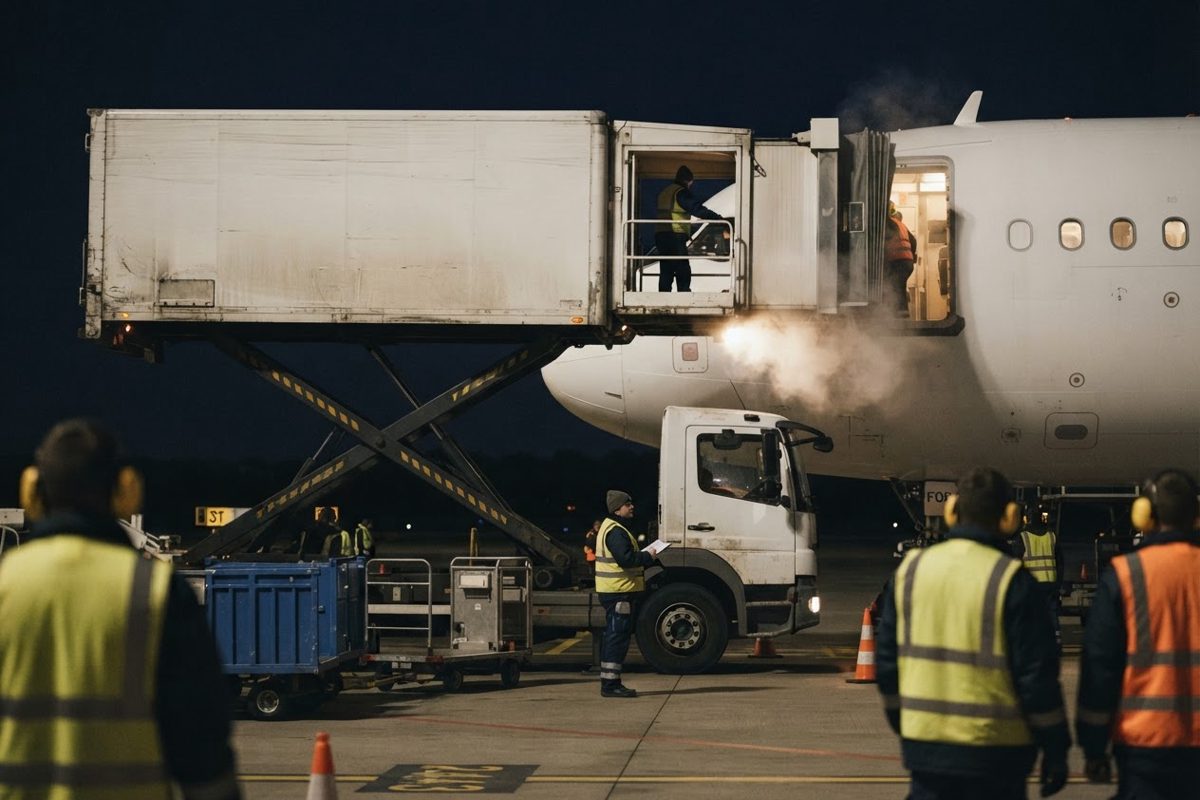 Close three-quarter view of a generic airport catering container truck with its loading bridge raised against a jet doorway at night, steam or condensation.