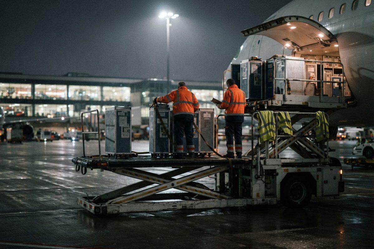 Interior-adjacent ramp scene showing stacked metal meal carts and a hydraulic loader platform on wet tarmac after rain, reflective vests draped on a rail.