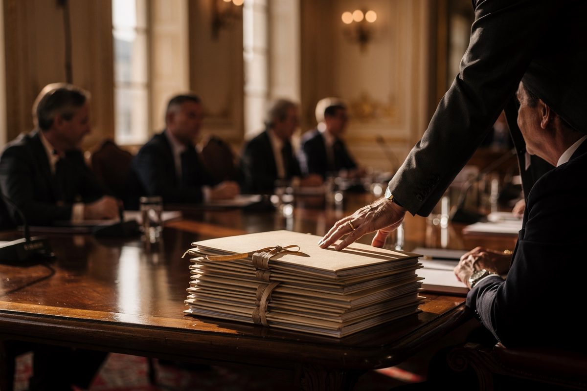 Late afternoon sun through tall windows of a diplomatic conference room in an old European hotel, delegates seen from behind around a long table as an aide.