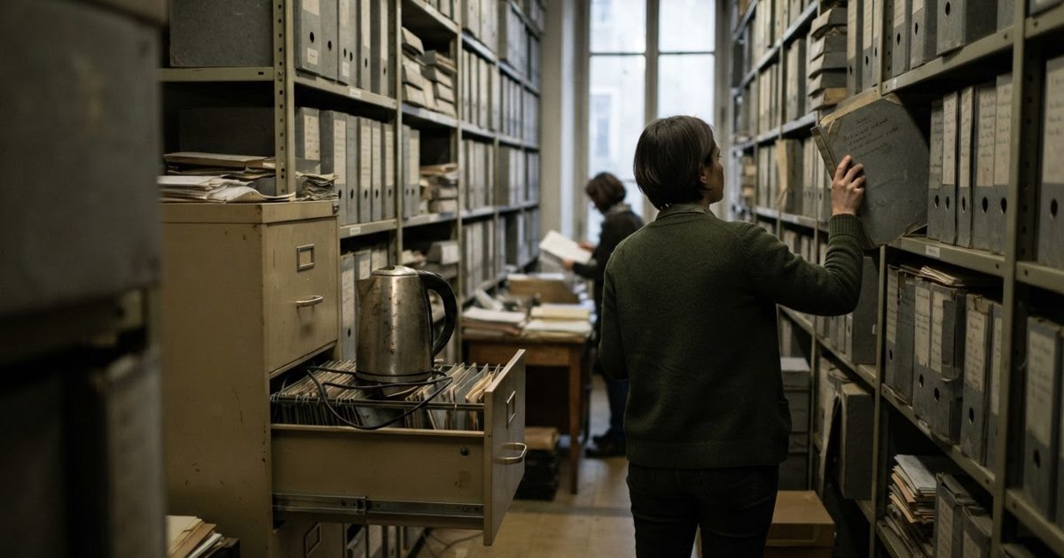 Wide shot of a dim archive corridor in an old European office building at late afternoon, grey box files stacked floor to ceiling, a woman in a cardigan seen.